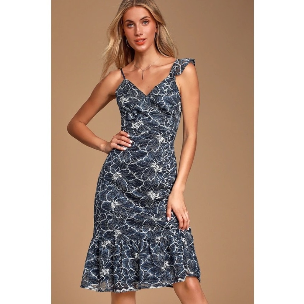 Navy Blue Lace Sleeveless Midi Dress